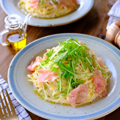 生ハムと水菜の冷製コーンクリームパスタ